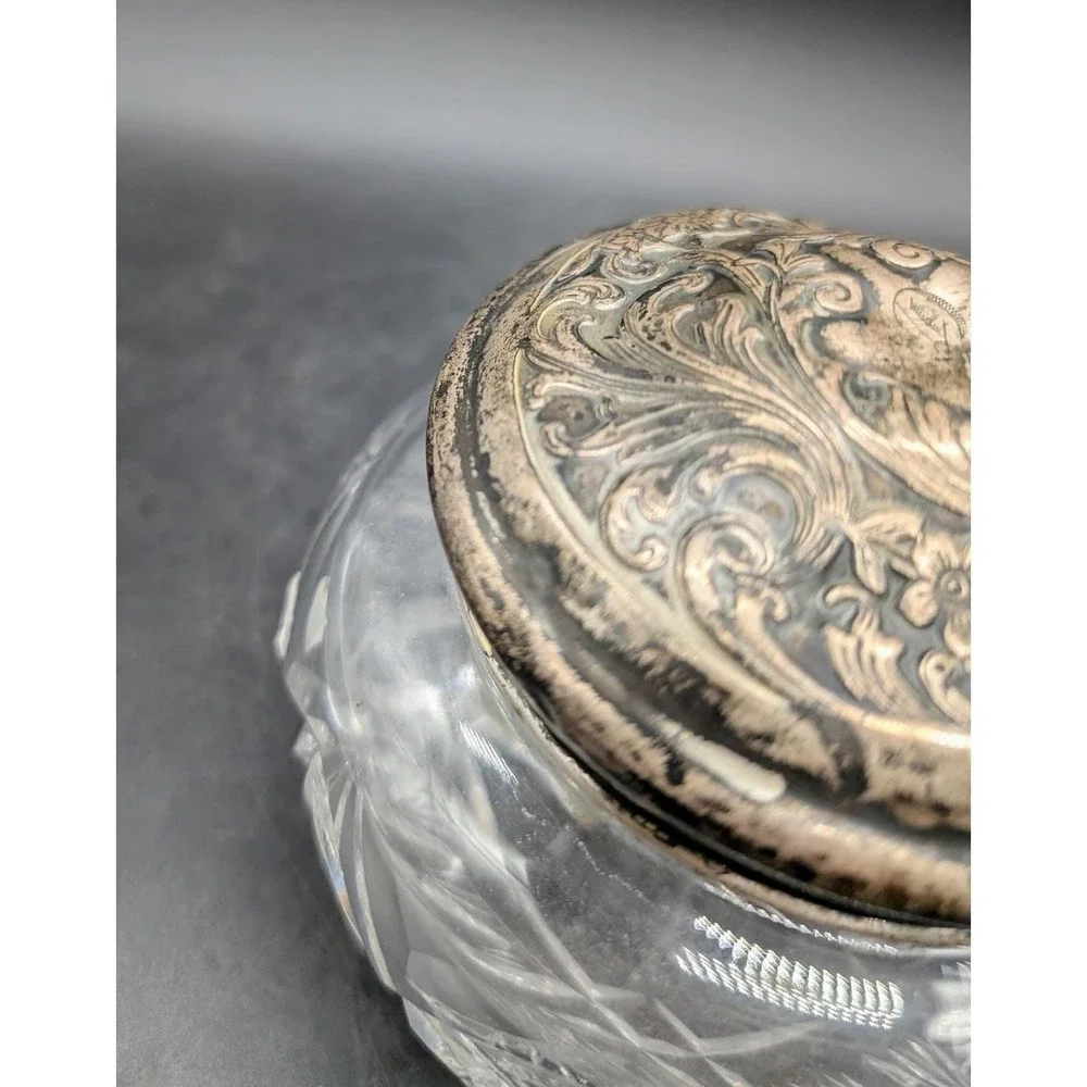 Antique Cut Glass Vanity Jar with Ornate Repousse Floral Metal Lid Starburst